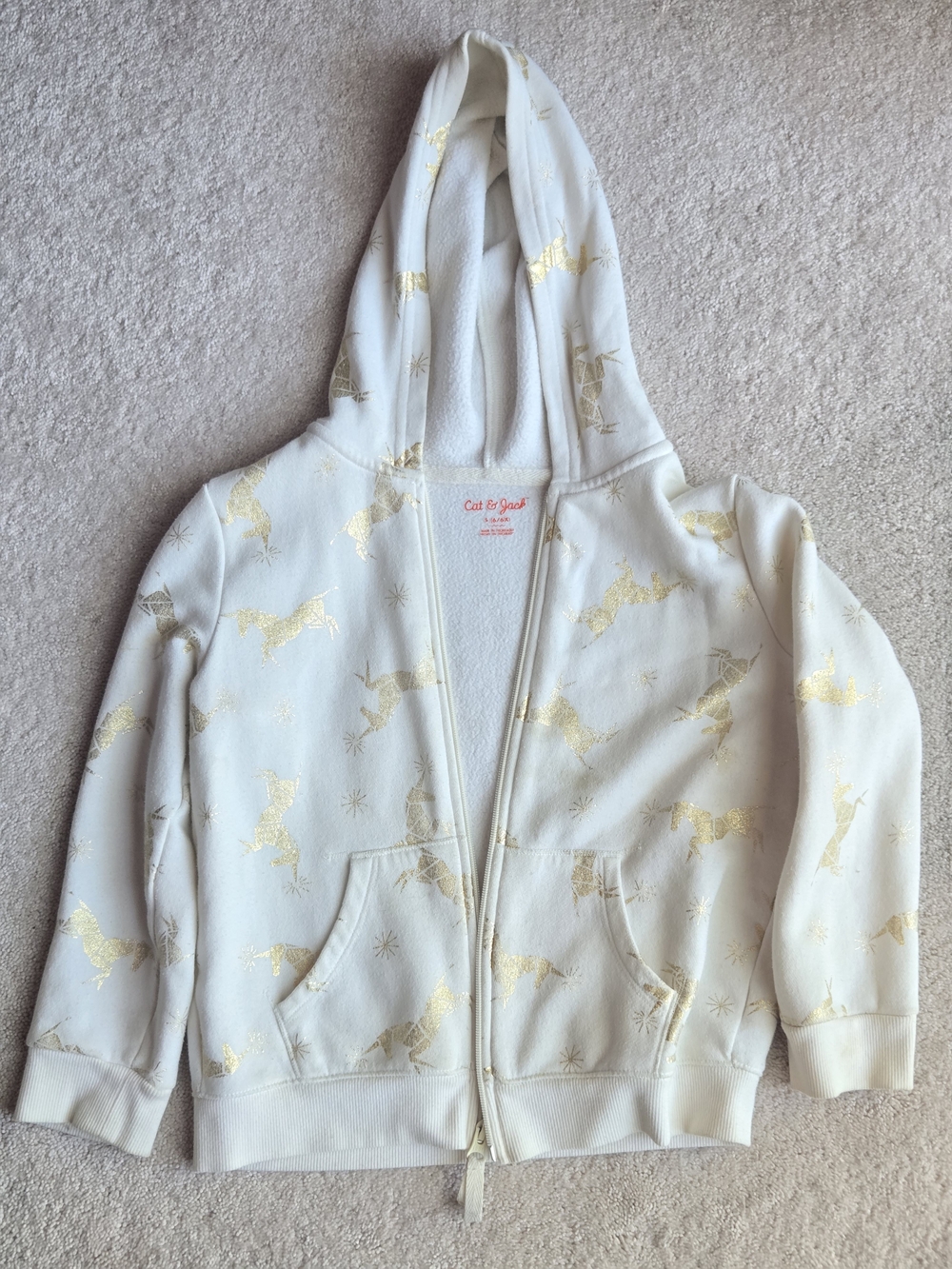 Cat & Jack Cream Zip Hoodie with Gold Unicorn Print